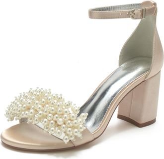 Generic Block Heels Pearls Wedding Sandals Open Toe Ankle Strap Bridal Evening Party Summer High Heels Shoes 8Cm,Champagne,10 UK