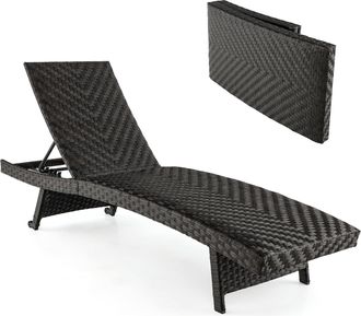 Costway Costway Tumbonas Jardin Exterior Plegable, Acolchado De Rat&aacute;n, Respaldo Ajustable De 5 Niveles, Tumbona Piscina Playa Terraza Con Ruedas Traseras, 195