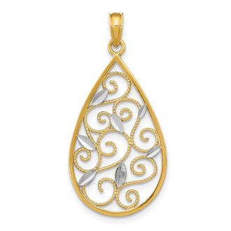 Diamond2Deal 14k Yellow Gold Rhodium Beaded Filigree Diamond-Cut Teardrop Charm