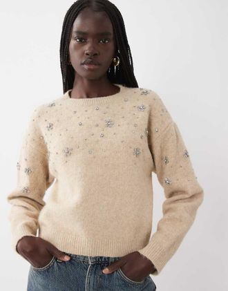 Miss Selfridge maglione decorato con fiori e perline color avena-Nessun colore