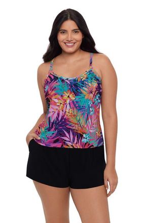 Trimshaper Farrah Scoopneck Swim Romper with Pockets in Caribbean Palms at Nordstrom, Size 16