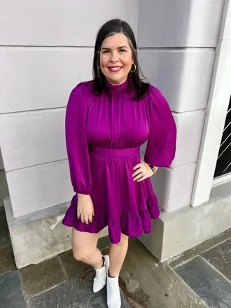 Entro Shadow Stripe Mock Neck Long Sleeve Tiered Mini Dress In Magenta