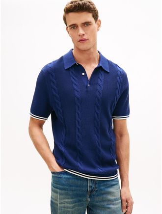 Tommy Hilfiger Mens Short-Sleeve Cable Knit Sweater Polo - Navy - XXXL