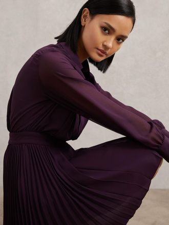 Reiss Womens Burgundy Pleated Sheer Sleeve Mini Dress, Size: 18