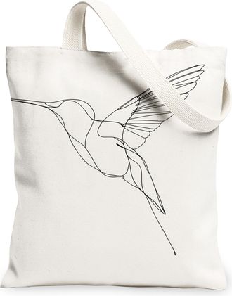Generic Minimalistic Hummingbird Canvas Tote Bags, Elegant Bird Line Art Reusable Grocery Bags, Lightweight Washable Shoulder Strap, White, 13x15 Inch