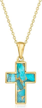 Ross-Simons Turquoise Cross Pendant Necklace in 18kt Gold Over Sterling
