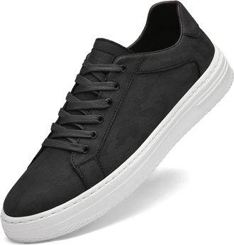 Generic Mens Genuine Leather Fashion Sneakers Simple Low Top Round-Toe Lace Up Slip On Casual Shoes Comfortable Classic Tennis Shoes for Men (Black,6.5)