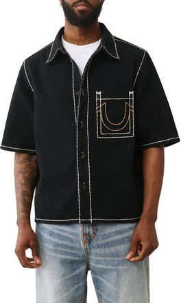True Religion Super T Oversize Short Sleeve Denim Button-Up Shirt in Black Rinse at Nordstrom, Size Xxx-Large