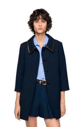Sandro Leather trim coat in Navy Blue at Nordstrom, Size 42 Eu