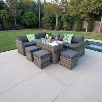 Outdoor Living The Tarporley Grey 9 Seat Corner Rattan Dining Set - Rising Table