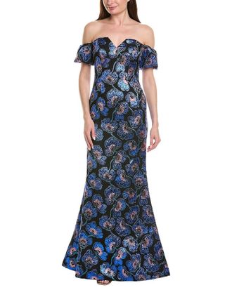 Rene Ruiz Off-The-Shoulder Printed Mikado Column Gown