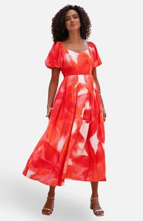 Yumi Floral Midi Dress With Puff Sleeves in Red at Nordstrom, Size 10