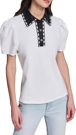 Karl Lagerfeld Contrast Collar Puff Sleeve Stretch Cotton Piqu&eacute; Polo Shirt in Soft White at Nordstrom, Size X-Large