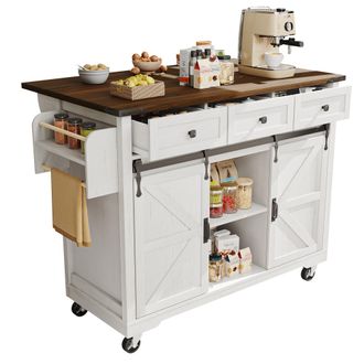 STILVORA Carrello Da Cucina Con 3 Cassetti, 2 Ante Scorrevoli, Piano Pieghevole E Ruote, In Mdf, 140x45x94 Cm, Beige