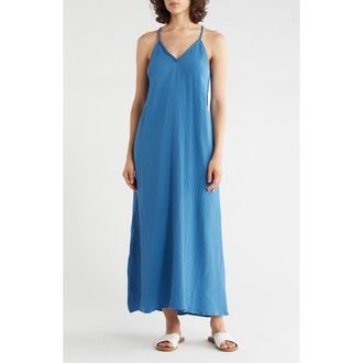 Lovestitch Mesh Racerback Cotton Gauze Midi Dress in Ocean at Nordstrom Rack, Size Medium