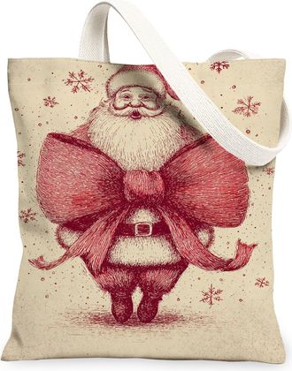 Generic Christmas Santa Canvas Tote Bags, Festive Holiday Design Reusable Grocery Bags, Vintage Winter Lightweight Washable Shoulde, Beige, 13x15 Inch