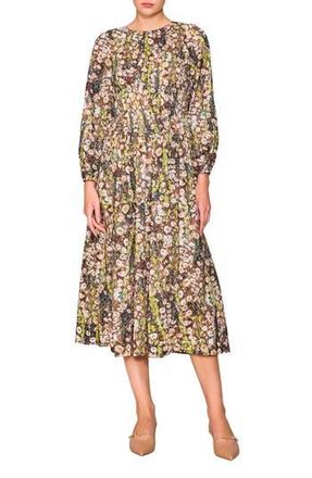 Melloday Floral Print Shirred Long Sleeve Midi Dress in Green Multi at Nordstrom Rack, Size X-Small