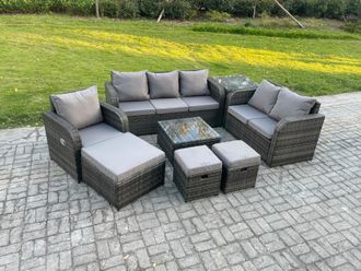 Fimous Rattan Garden Furniture Set With Table Sofa Square Coffee Table Reclining Chair Love seat sofa Side 3 Seater Sofa 3 Footstools in Dark Grey