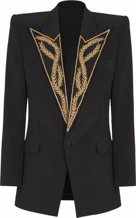Balmain Jasje met 1 knoop en geborduurde kraag - Heren - Business blazers - Zwart - XL - Leer - Kostuums
