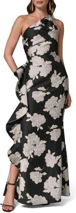 DKNY Floral Embroidery One-Shoulder Gown in Black Cream at Nordstrom, Size 16