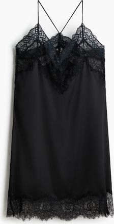 H&M Satinkleid mit Spitzenbesatz - Schwarz