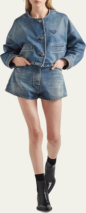Prada Crop Collarless Denim Jacket