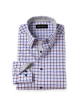 Paul Fredrick Cotton Poly Spandex Point Collar Twill Slim Contrast Trim Button Cuff Long Sleeve in Purple/blue at Nordstrom, Size 17.5