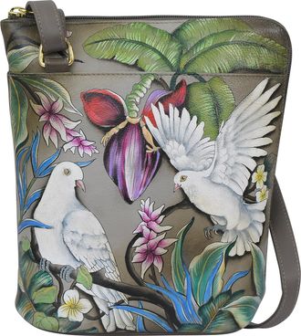 Anuschka Womens Original Hand-Painted Genuine Leather Organiser Crossbody with Extended Side Zipper - Wings of Peace