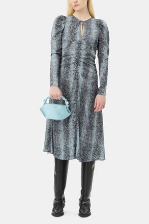 Ganni Blue Snake Print Ruched Midi Dress - Size 34 Viscose