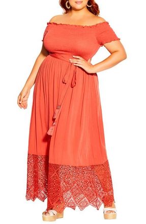 City Chic Off the Shoulder Maxi Dress in Tangerine at Nordstrom, Size Large