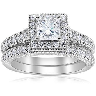 Pompeii3 1 1/2ct Princess Cut Halo Vintage Diamond Engagement Ring 14k White Gold