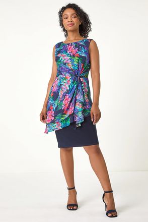 Roman Womens Petite Tropical Asymmetric Frill Dress - Navy - Size 12 UK