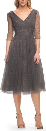 La Femme Tea Length Tulle Dress with Beading and Sheer Sleeve in Gunmetal at Nordstrom, Size 12
