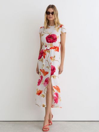 Reiss & pink Floral-print Belted Midi Dress, 18