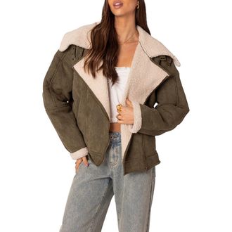 Edikted Oversize Faux Shearling & Faux Suede Jacket in Olive at Nordstrom, Size Large