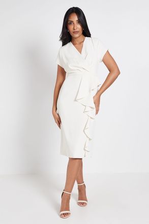 Wallis Womens Petite Tailored Crepe Ruffle Pencil Dress - White - Size 18 UK