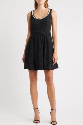 Eliza J Faux Pearl & Crystal Detail Sleeveless Metallic Tweed Dress in Black at Nordstrom Rack, Size 10