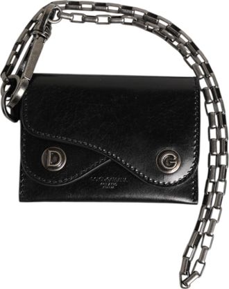 Dolce & Gabbana Black Cavallo Leather Wallet Chain Snap Bifold Card Mens Holder