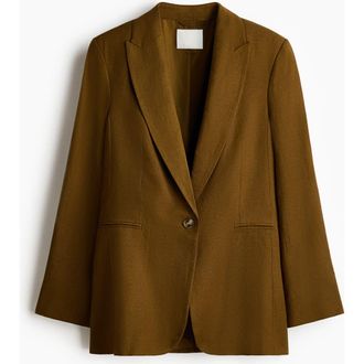 H&M Linen-blend Blazer in Dark Khaki Green at Nordstrom, Size Xx-Small
