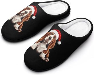 Generic Basset Hound in Christmas Funny Mens Slippers Cotton Warm House Shoes Memory Foam Sandals Print Size 7-14