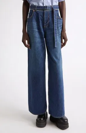sacai Wide Leg Self-Belt Jeans in Blue at Nordstrom, Size 2