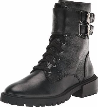 Vince Camuto Womens Croc Lace Up Fawdry Block Heel Leather Combat Boot In Black
