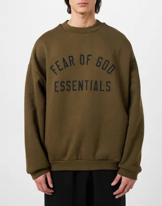 Fear of God Mens Essentials Logo Crewneck Sweatshirt Green Clothing > Knitwear