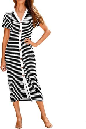 Generic Striped Button-Front Midi Dress V-Neck Short Sleeve Stripe Womens Casual Dresses (Black, XXL)