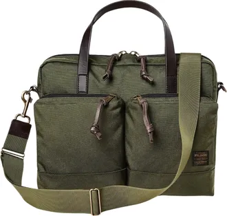 Filson Olive Green Fabric Briefcase With Leather Accents And Dual Handles