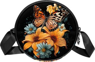 Generic Circle Crossbody Bag for Women, Butterflies Flowers Small Sling Bag Daypack with Zipper Adjustable Shoulder Straps Casual Ladies Girls Round Purse