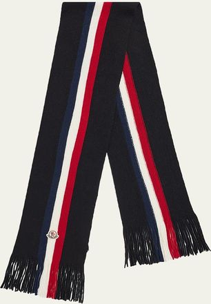 Moncler Mens Wool Tricolor Stripe Fringe Scarf