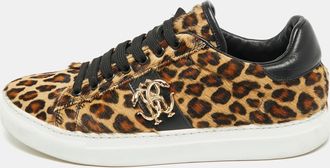 Roberto Cavalli Biege/brown Leopard Print Calf Hair Lace Up Sneakers
