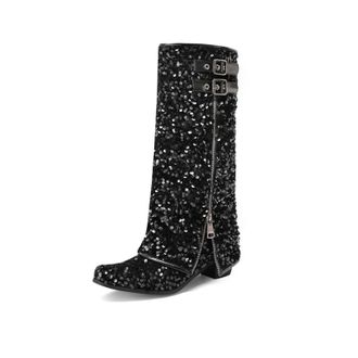 Generic Womens mid calf sequin boots shiny double buckle side zip pointed toe textured upper,Black,3.5 UK