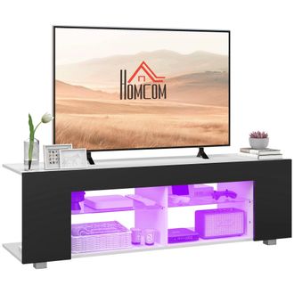 HOMCOM TV Stand 145cm TV Unit With Glass Shelves RGB LED Light For 60 Inch TV - Black | TJ Hughes